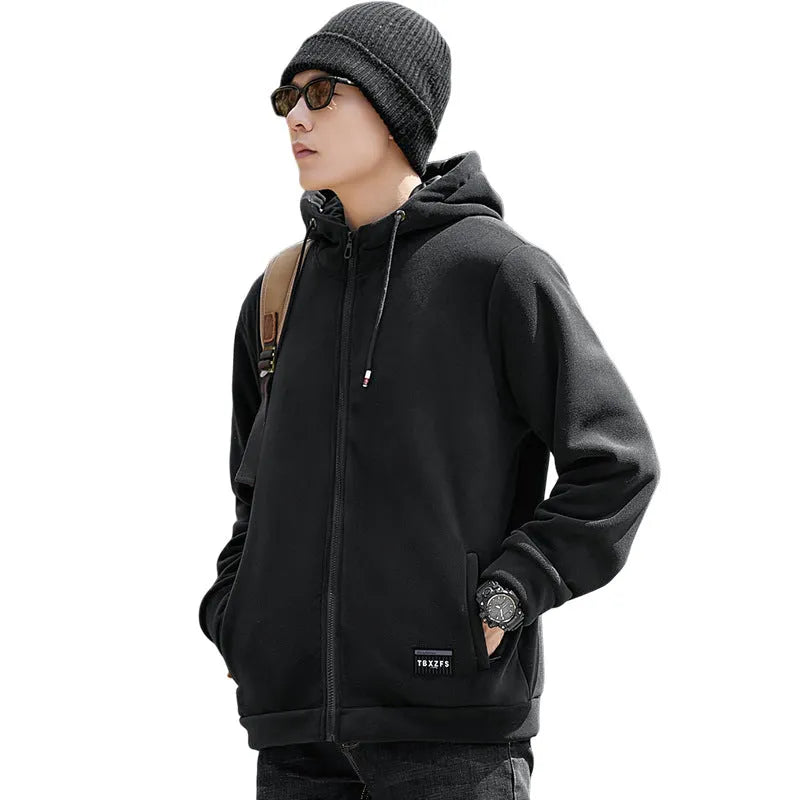 Men's hooded jacket in camel, black, or gray, loose fit with wool liner and long sleeves, sizes M-8XL