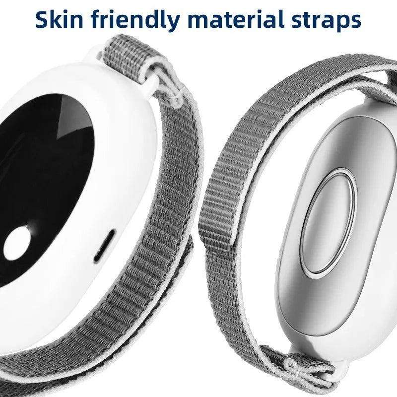 White handheld sleep aid remote control device with USB charging port and adjustable intensity settings