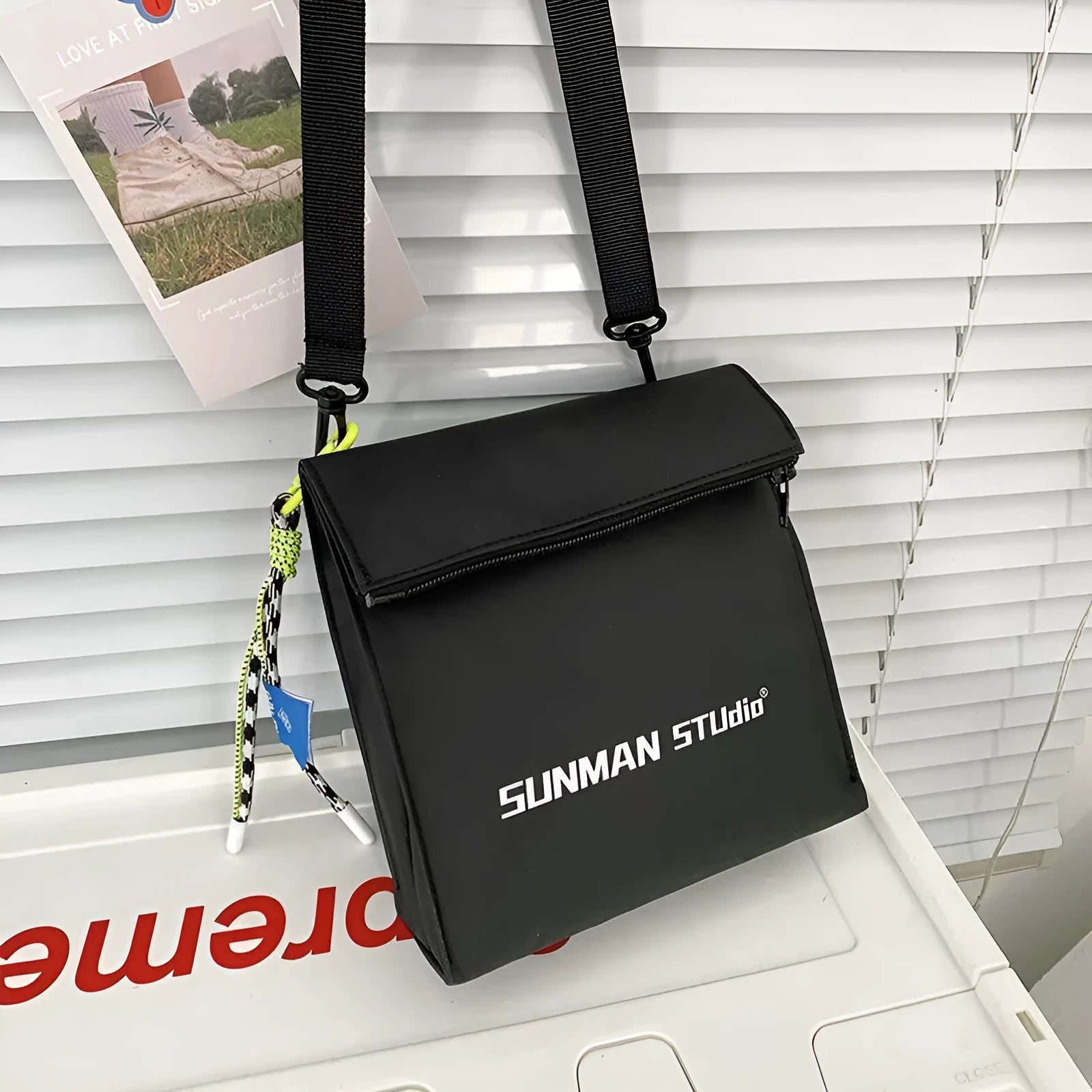 Polyester messenger bag backpack with sewing line detailing in street trend style