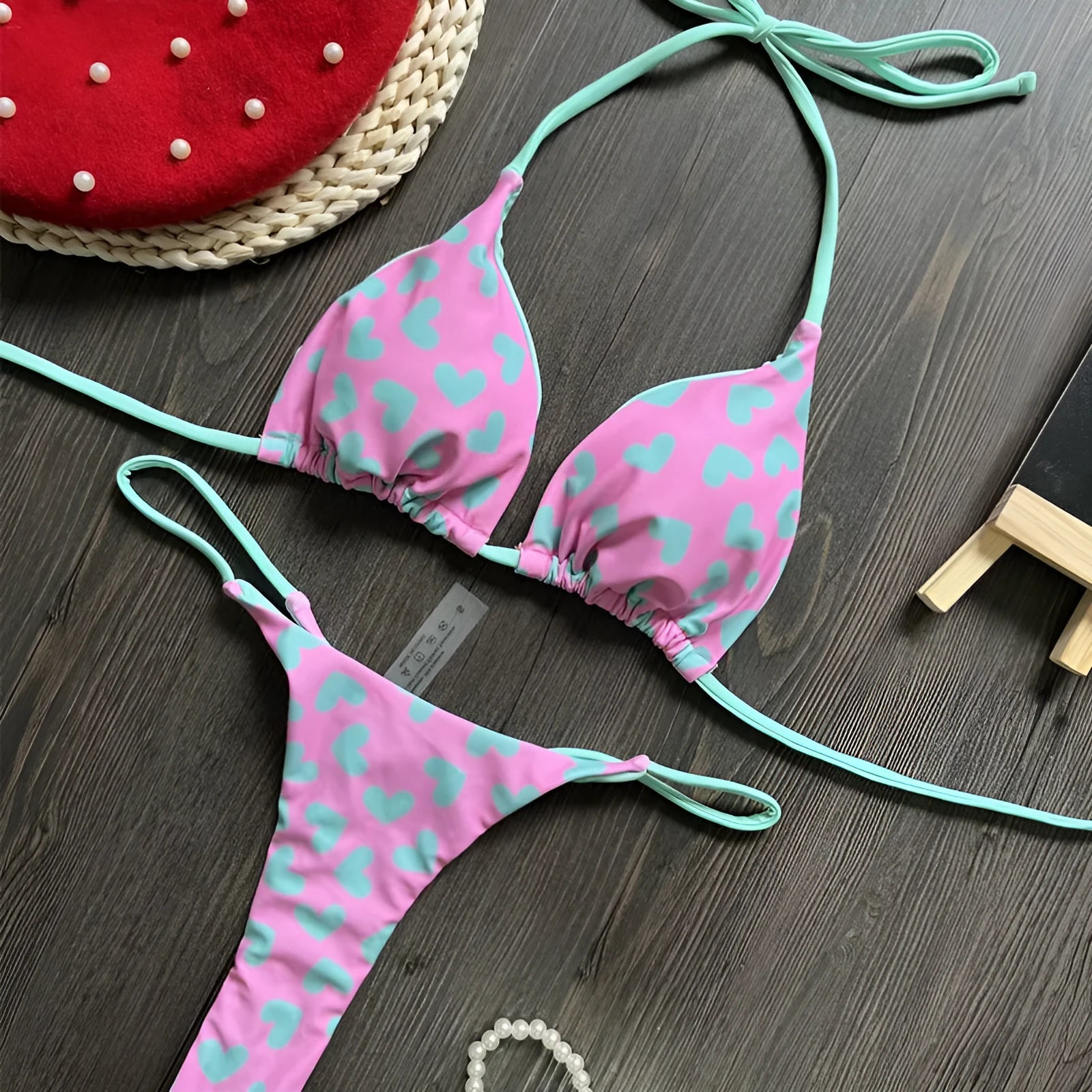 Heart printing backless split swimsuit in briefs style with bra and shorts