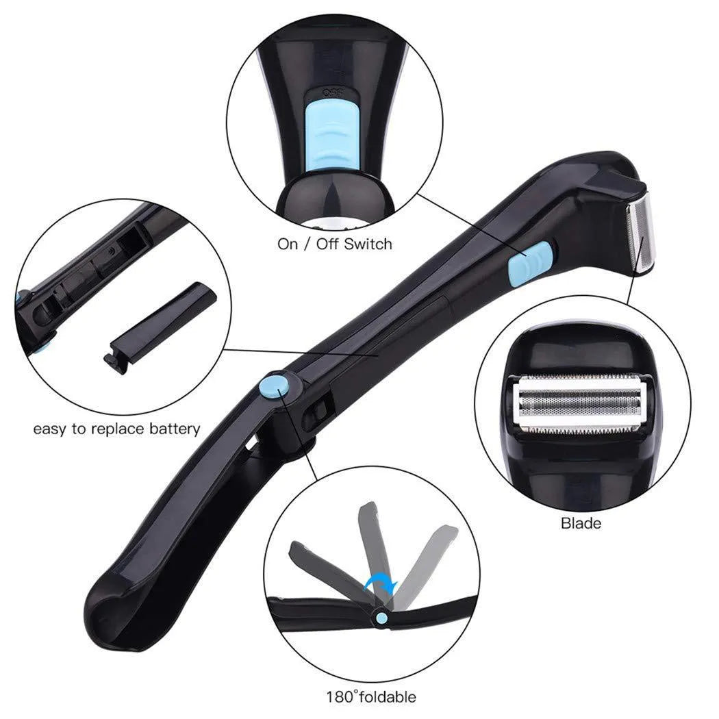 Black folding body electric shaver for men and women, uses AA batteries.