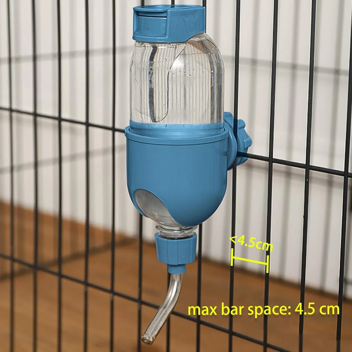 Blue pet water bottle with rotatable nozzle for small animal cages, showing 500ml capacity and stainless steel ball