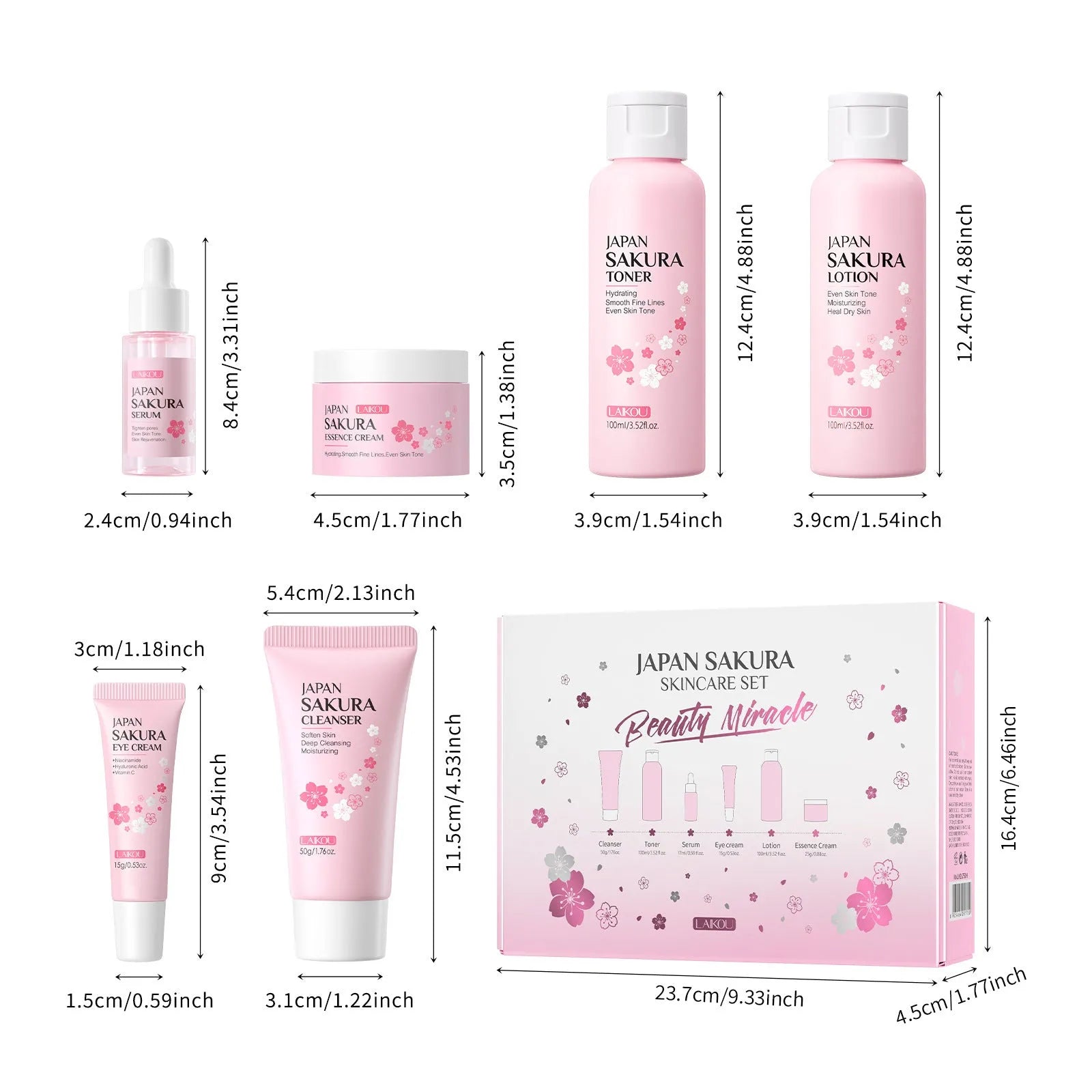 Cherry Blossom 6-piece skincare set showing cleanser, toner, moisturiser, essence, eye cream and essence cream