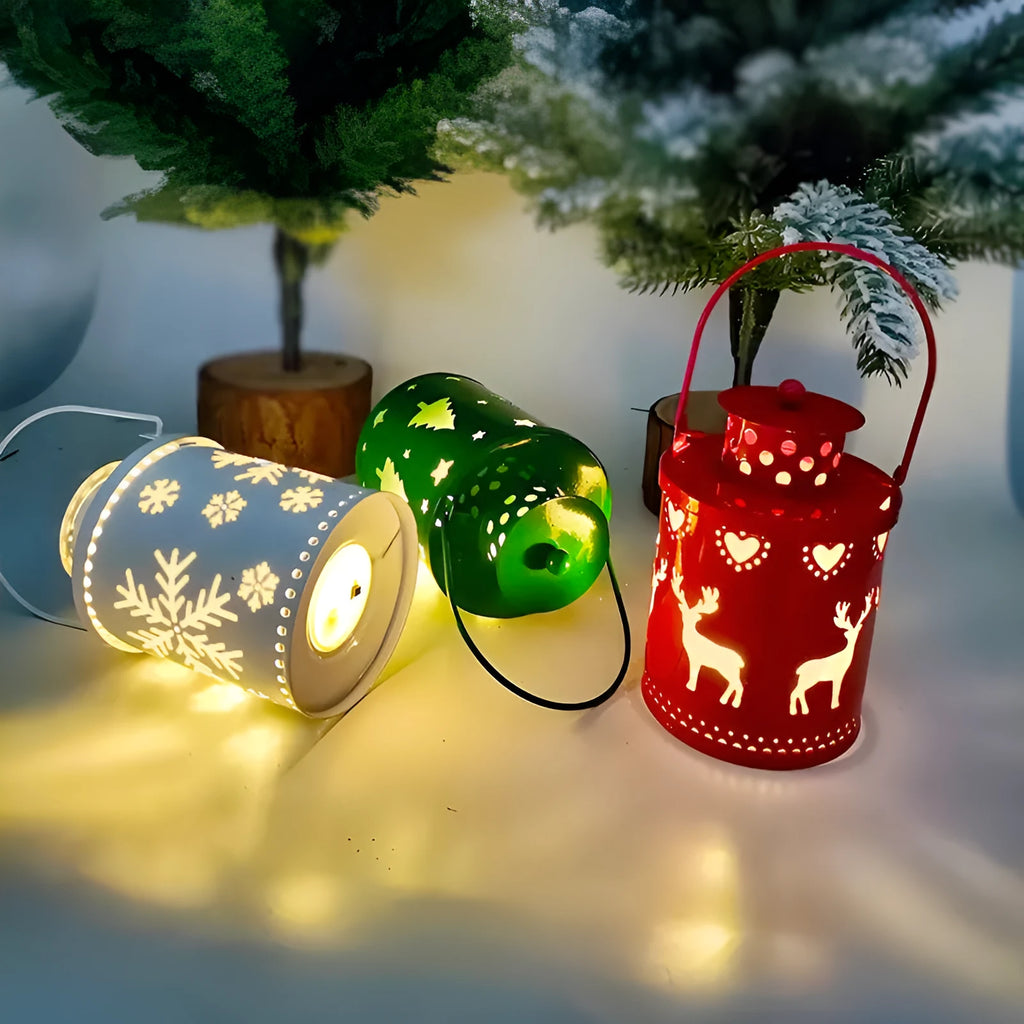 Green wrought iron LED Christmas candle lantern with electronic flickering light