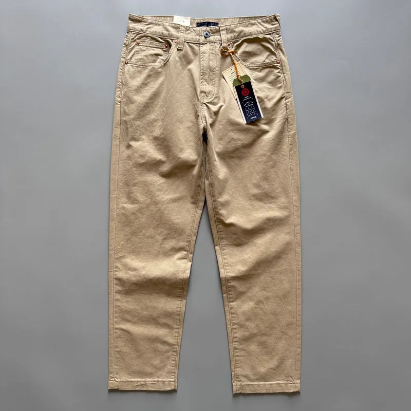 Men's straight-leg casual trousers in Army Green cotton fabric, mid-waist design.