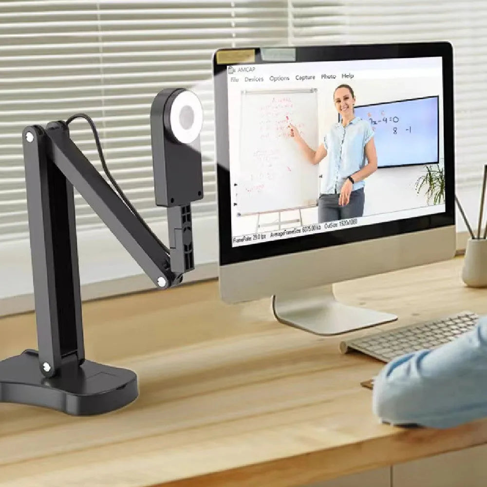 Computer live camera with microphone showing 8MP sensor, USB 2.0 cable, dimensions approximately 8x5x5cm