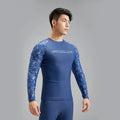 Dark blue men's swimwear set with patterned nylon top and matching swim trunks