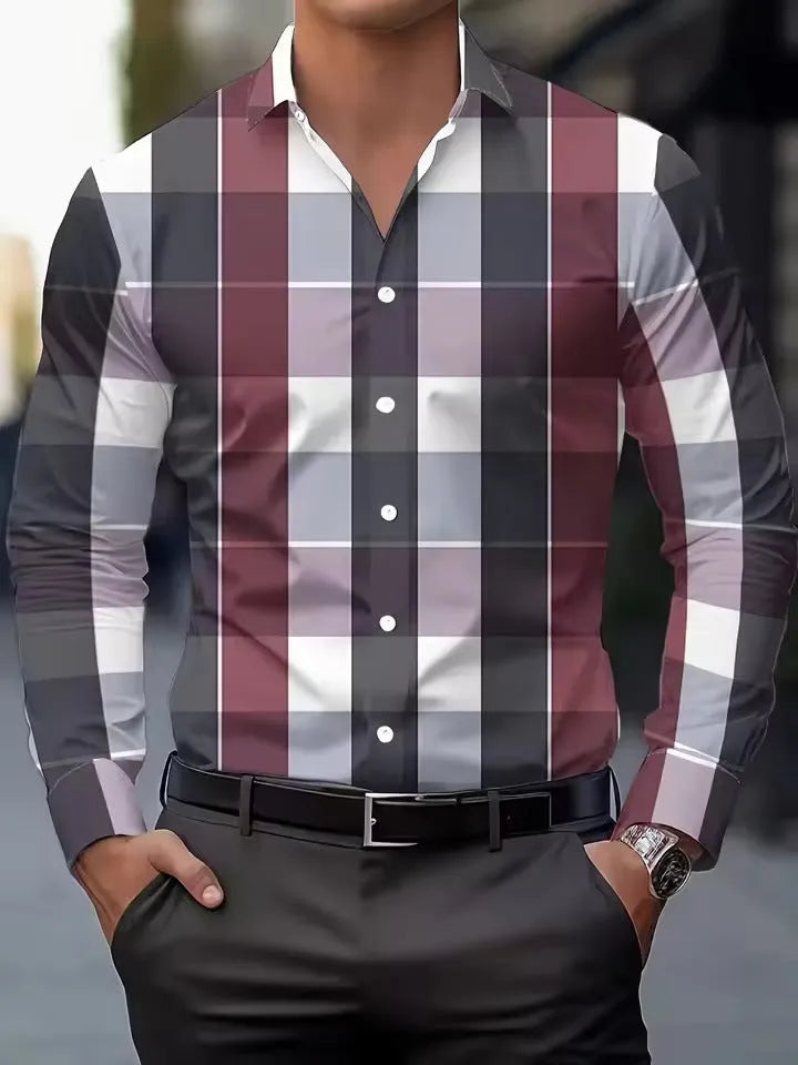 Men's printed long sleeve button-up shirt with a lapel collar.