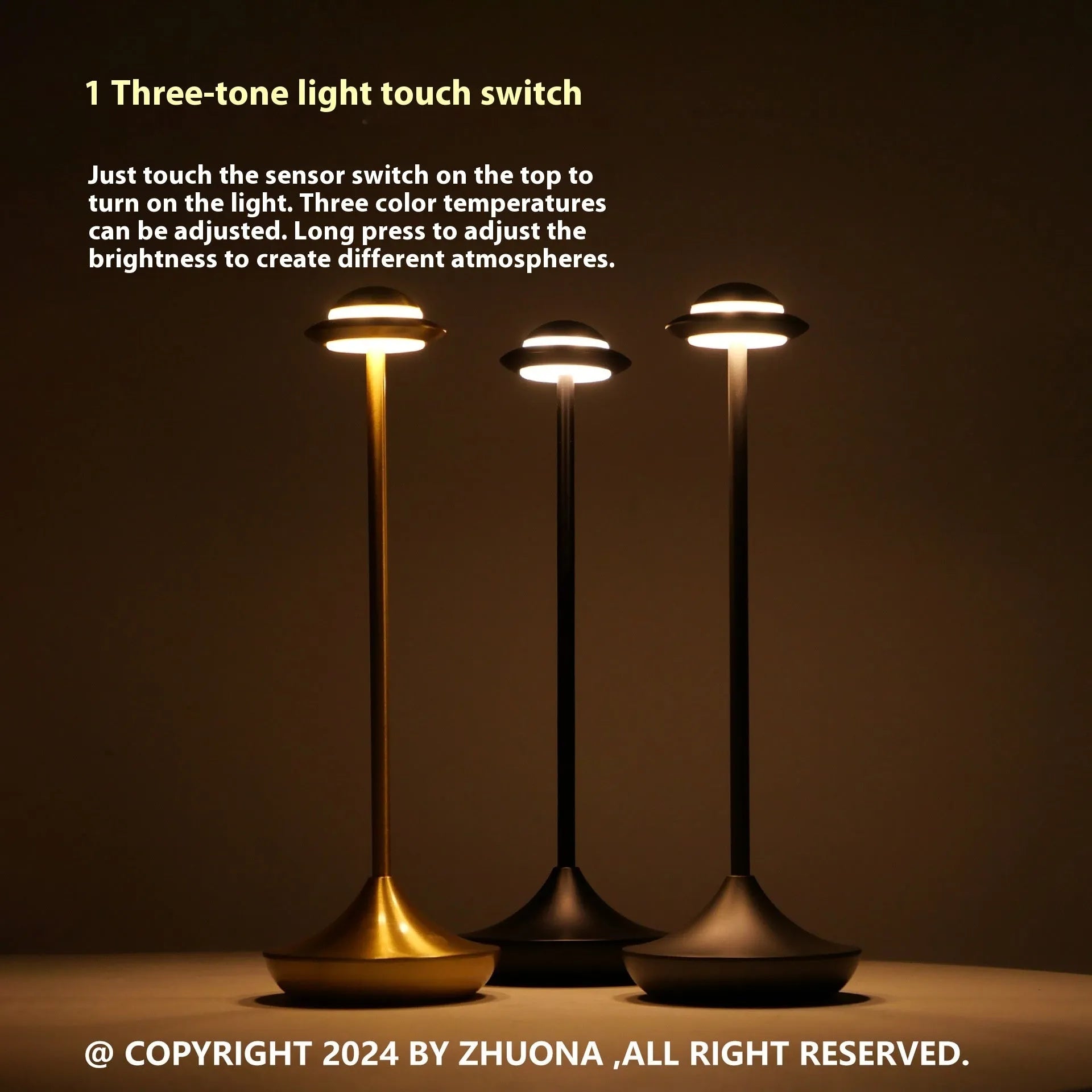 UFO Table Lamp in black with touch dimming panel and rechargeable design on a wooden desk