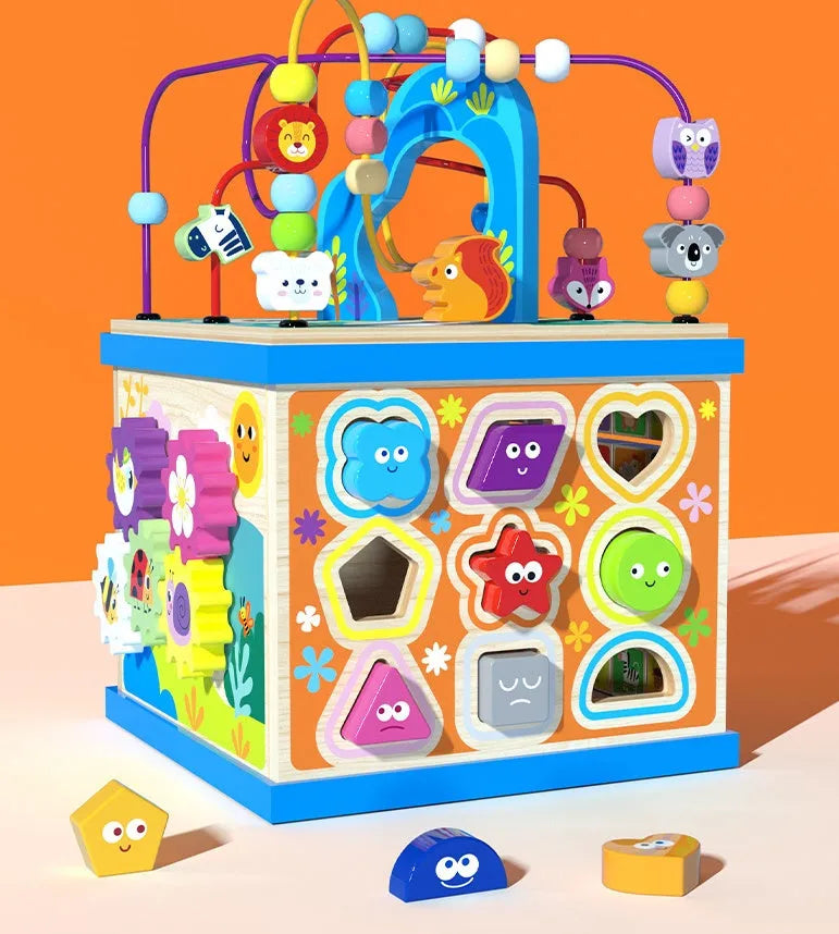 Blue wooden bead treasure box toy with multi-functional scenes for baby and toddler play