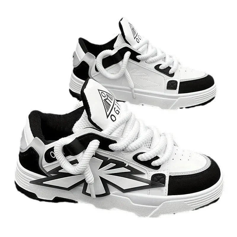 Men's white Harajuku clunky sneakers with cartoon totem patterns, 3-5cm heel, and rubber sole for casual wear