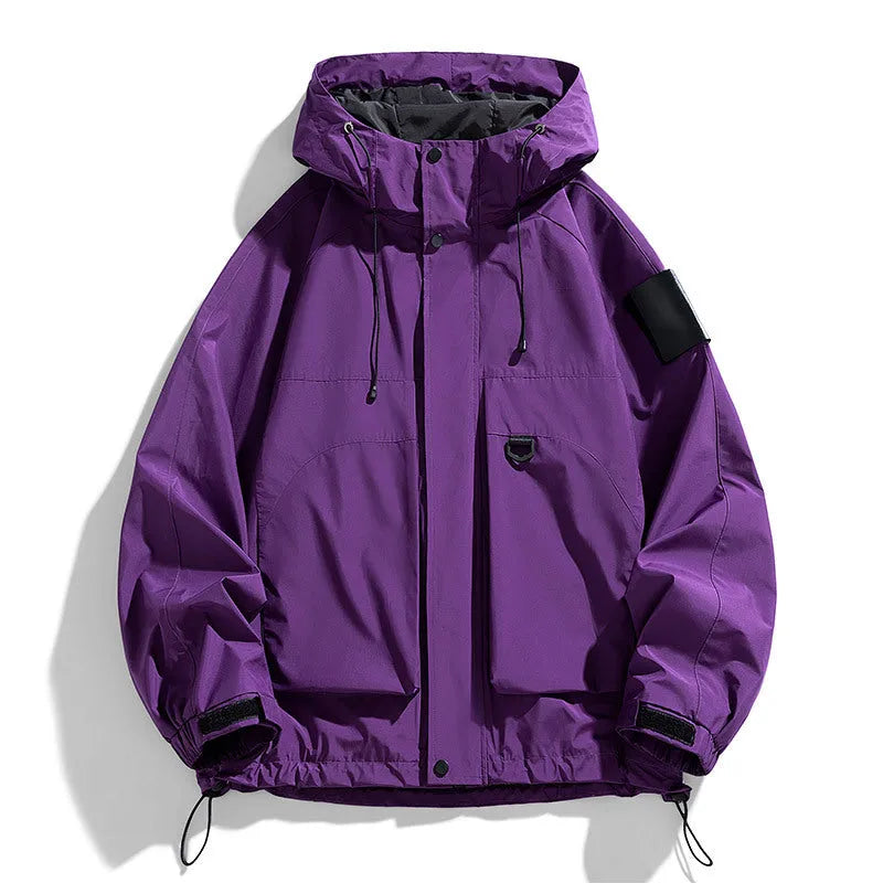Men's hooded windproof waterproof jacket in black, ginger yellow, or purple, with regular length and long sleeves