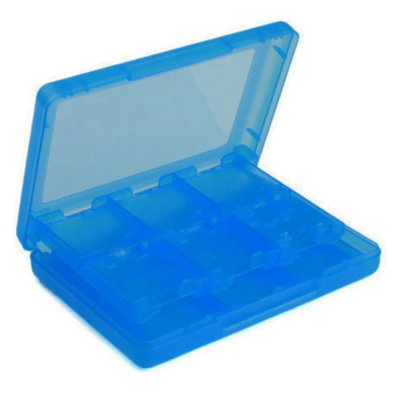 NDS 3DS game card storage box showing 28-card capacity with black, blue, pink, white colour options
