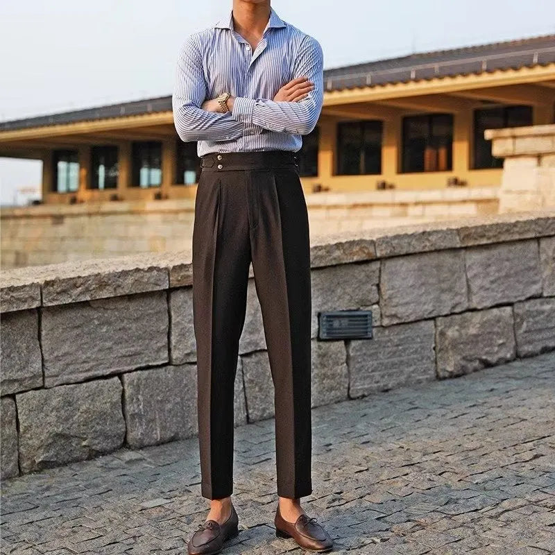 Straight-leg business trousers in black, white, or apricot with polyester construction for office wear