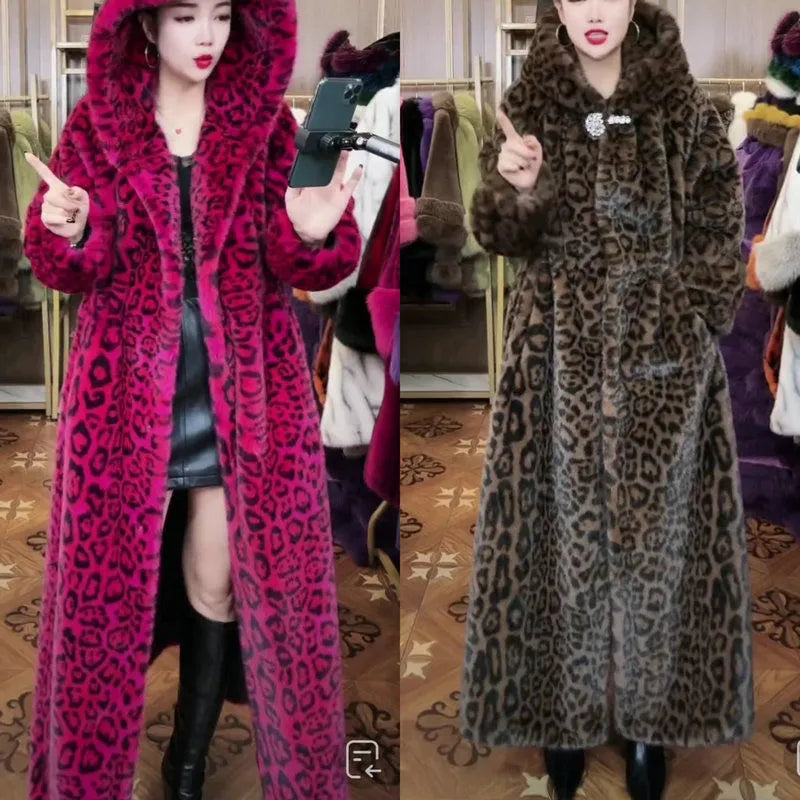 Loose plus size long leopard print faux fur coat in brown leopard print, showing 100cm length and regular sleeves.