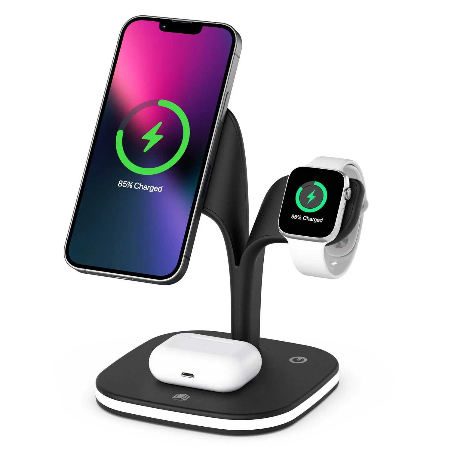 Black or white desktop wireless charging stand holding a phone, with outputs for headphones and a watch.