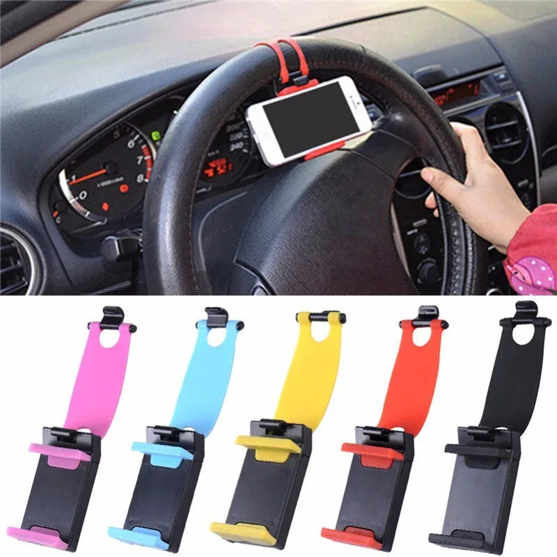 Black steering wheel phone holder mounted showing phone compatibility with dimensions 75x40x25mm
