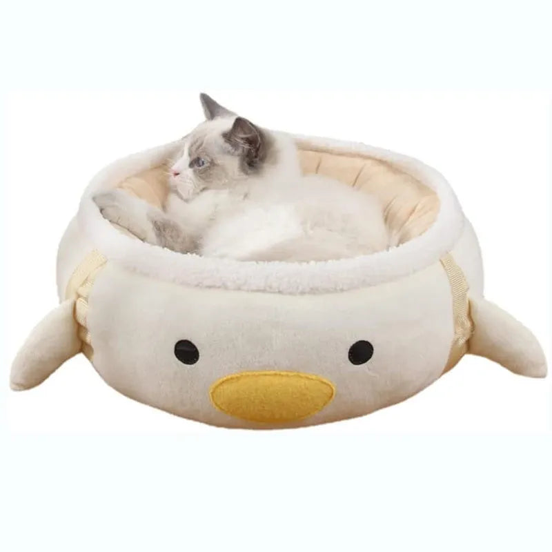 Green chick dinosaur shape cat bed laid flat as sofa with attached straps for hanging