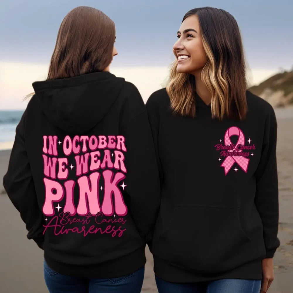 Breast cancer awareness hoodie with retro art hot stamping and side seam pockets in pink colour