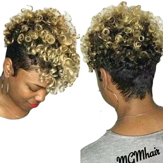 Women's simple rolls short synthetic wig in exotic style showing black, brown, gold, and grey colour options