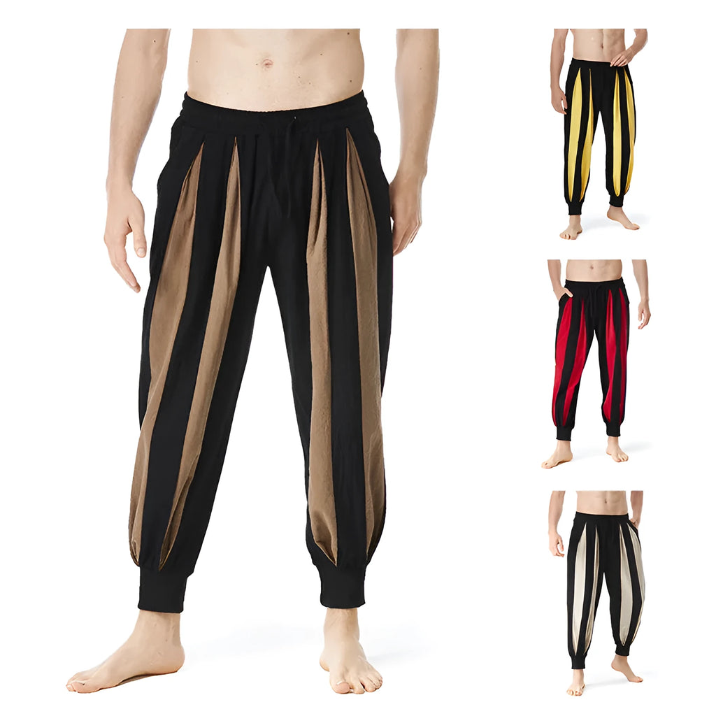 Men's straight-leg casual trousers in red, khaki, yellow, and brown colours