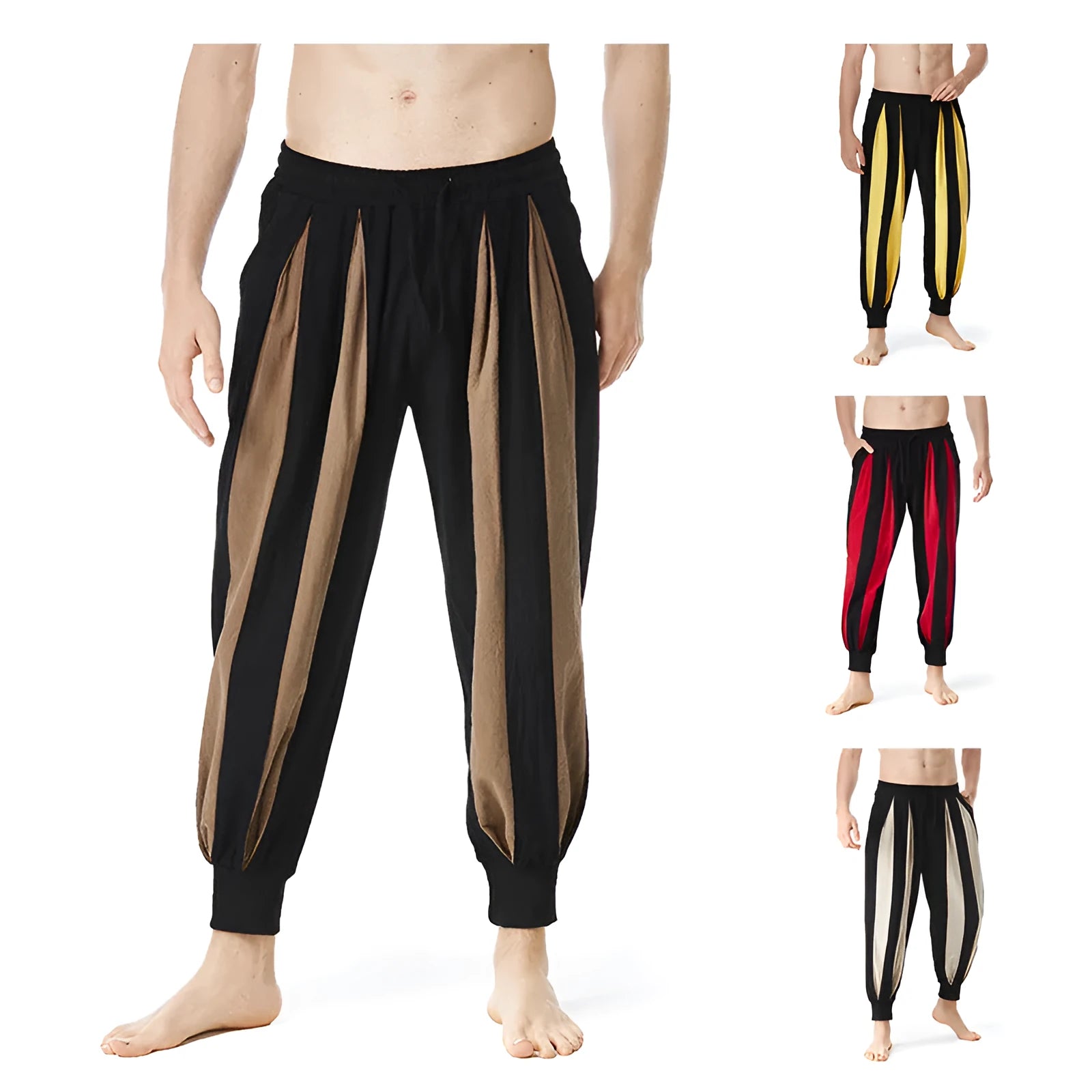 Men's straight-leg casual trousers in red, khaki, yellow, and brown colours