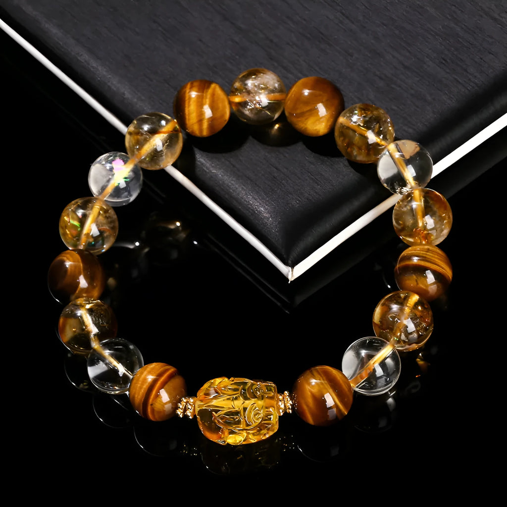 Yellow tiger's eye and citrine bracelet with 10mm round beads, pi xiu charm, and steel fittings