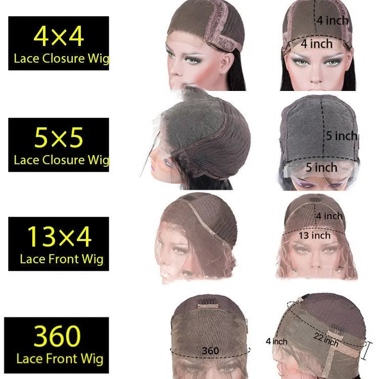 Real human hair lace headgear with 4x4 inch front, showing natural hairline and length options from 12 to 30 inches
