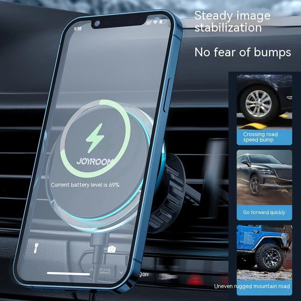 Black magnetic wireless car charger mounted on a car air vent, charging a mobile phone.