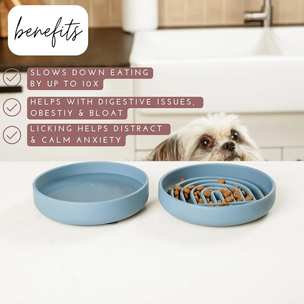 Silicone slow feeder bowl for dogs with ridges and nooks, available in beige, charcoal ash, gray blue, mango yellow, mustard green, or red.
