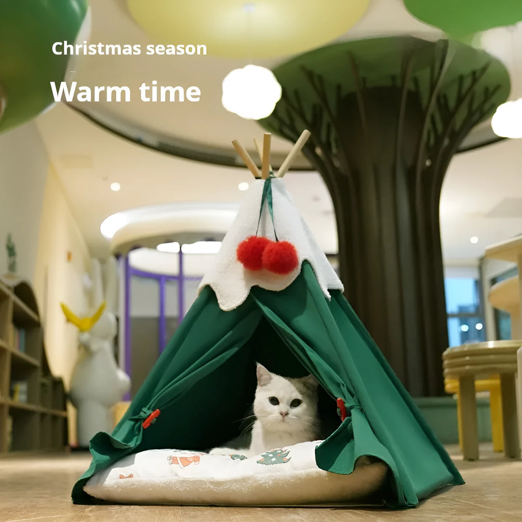 Semi-closed thickened cloth cat house with brown mat, winter warm pet bed for indoor cats