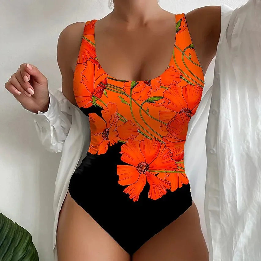 Women's tight 3D printed one-piece swimsuit in orange red, made from Lycra for swimming.