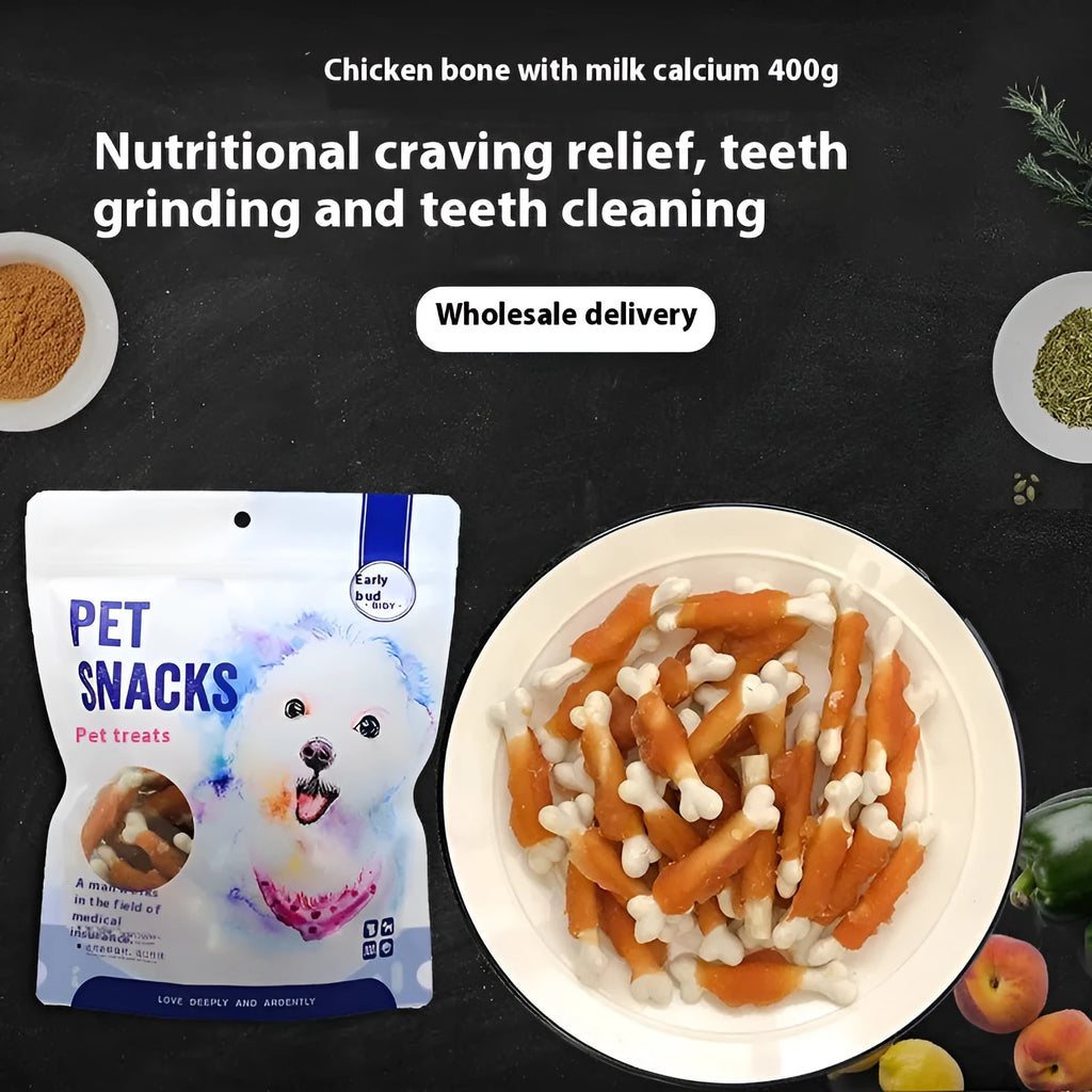 Betty Chicken Wrapped Calcium Bone dog treats 400g pack showing chicken wrapped around bone core