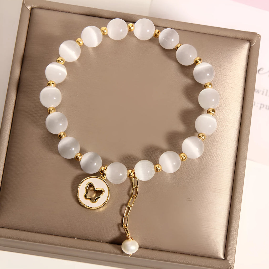 White geometric crystal cat's eye bracelet with adjustable closure in Korean health care style
