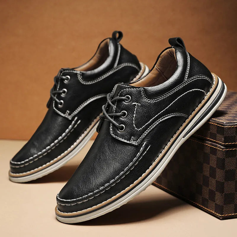 Men's brown genuine leather casual shoes with round toe and lace-up front on rubber sole