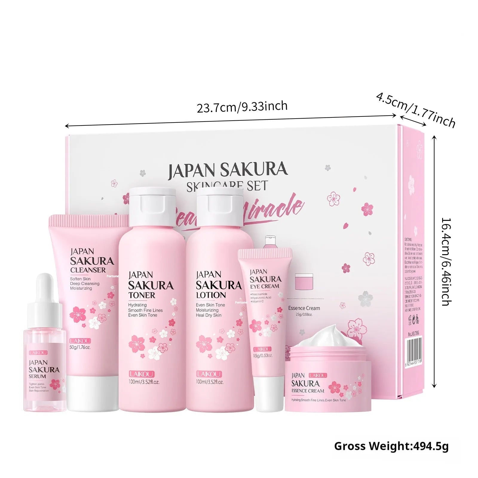 Cherry Blossom 6-piece skincare set showing cleanser, toner, moisturiser, essence, eye cream and essence cream