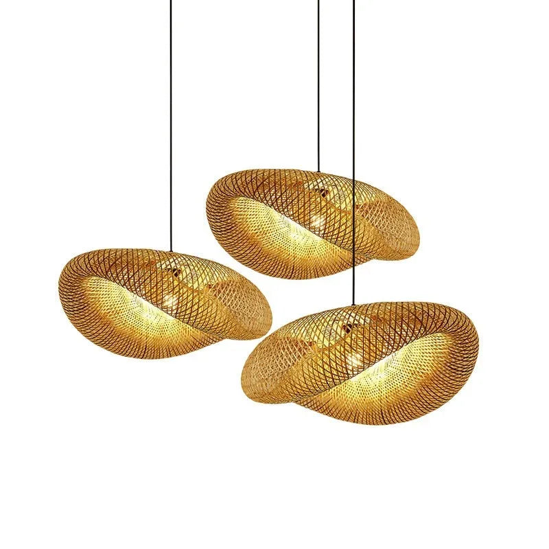 Bamboo hanging lamp with straw hat design showing woven natural bamboo construction and three size options