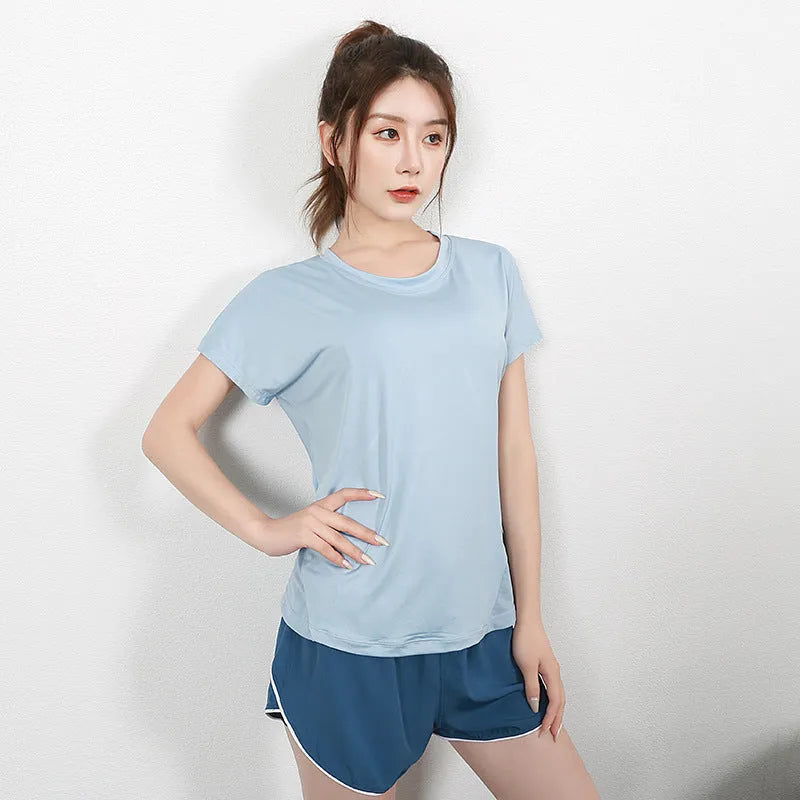 Women's short-sleeve polyester sports T-shirt in sky blue, suitable for running and gym workouts
