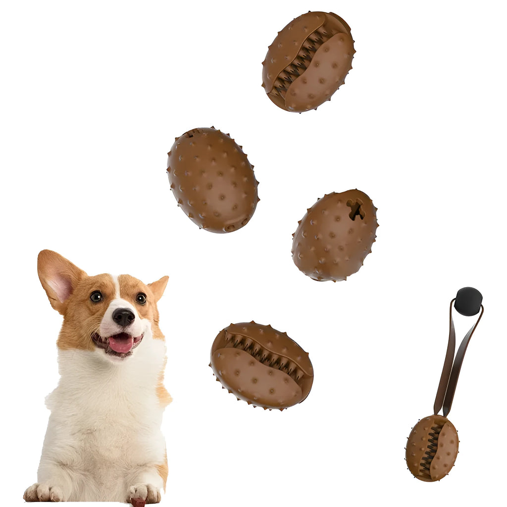 Brown coffee bean-shaped dog chew toy with textured surface and integrated cotton rope knot