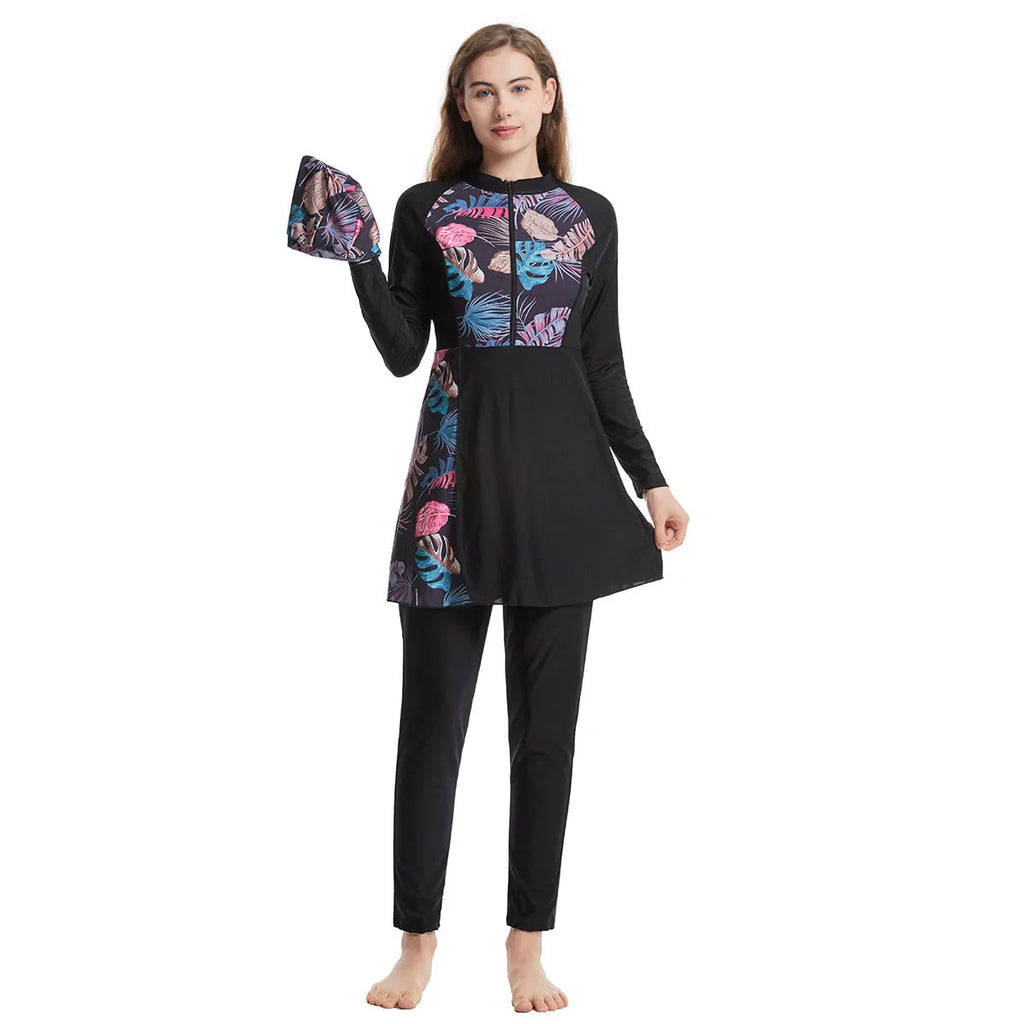 Women's three-piece conservative swimwear set in nylon with swimming cap, top and pants, black dark blue or grey, S to XXXL.