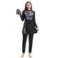 Women's three-piece conservative swimwear set in nylon with swimming cap, top and pants, black dark blue or grey, S to XXXL.