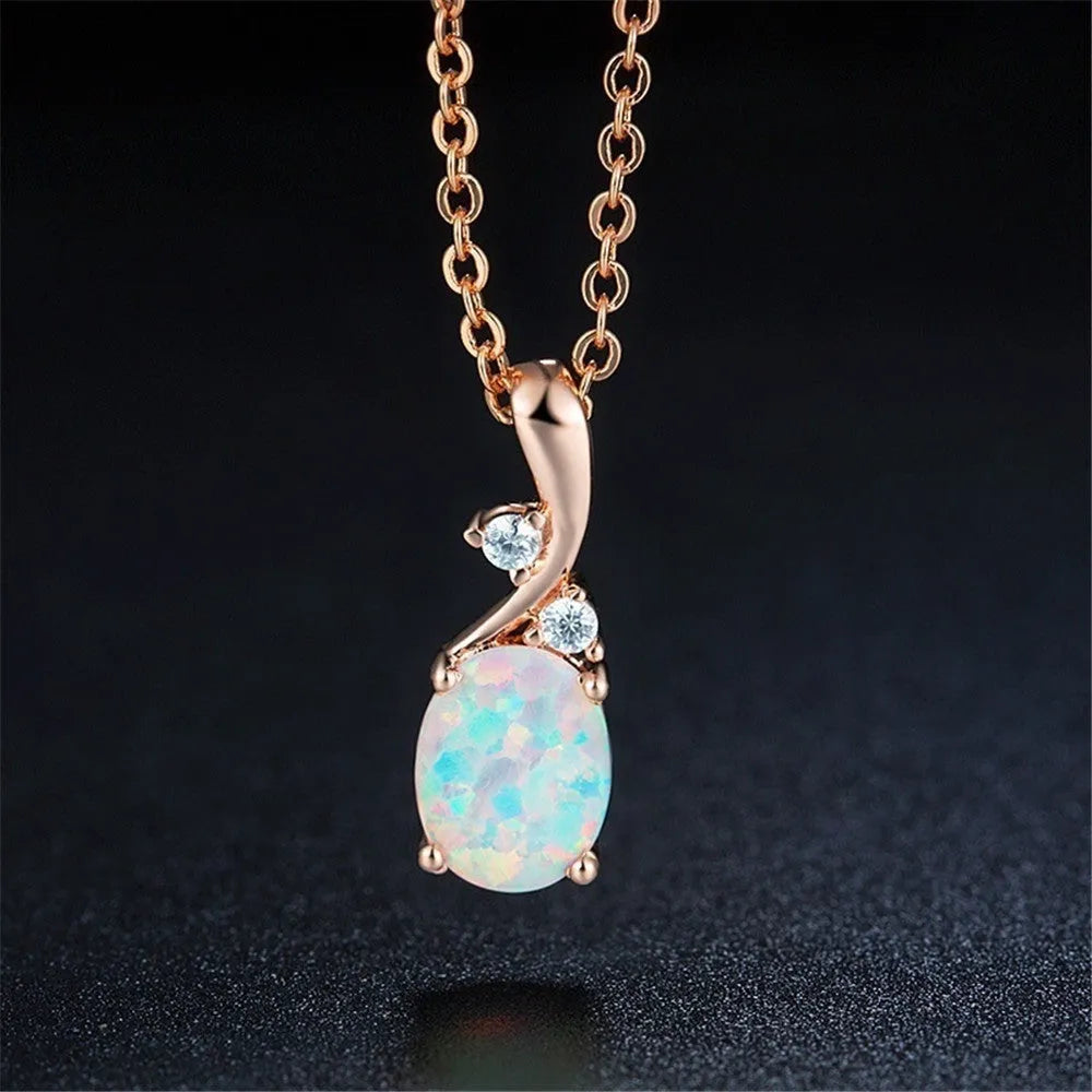 Water drop opal pendant necklace with adjustable chain in rose gold or white electroplated finish