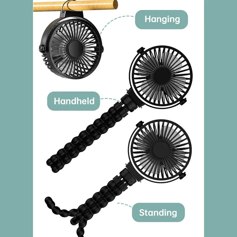 Black flexible tripod clip fan showing wrapped legs and 360° rotating head