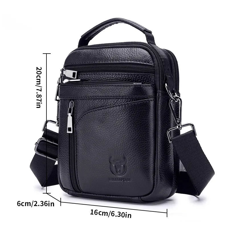 Men's black genuine leather retro shoulder messenger bag shown from the front.