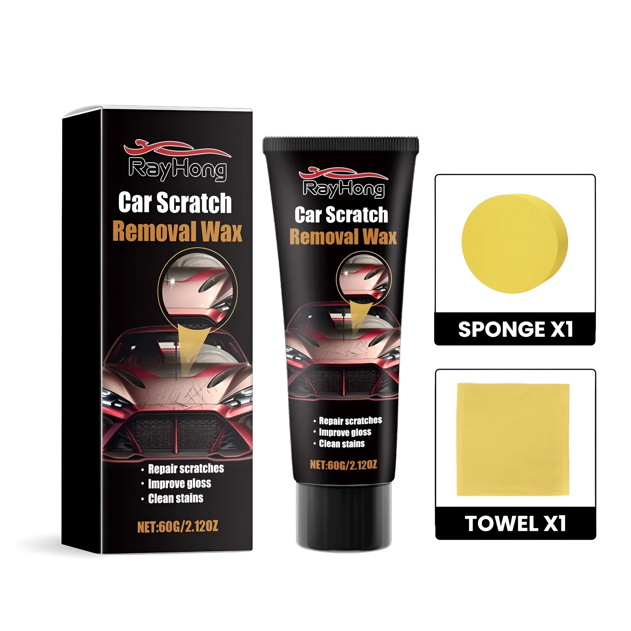 Car scratch removal wax kit with 60g container, application sponge, and buffing towel for vehicle paint repair