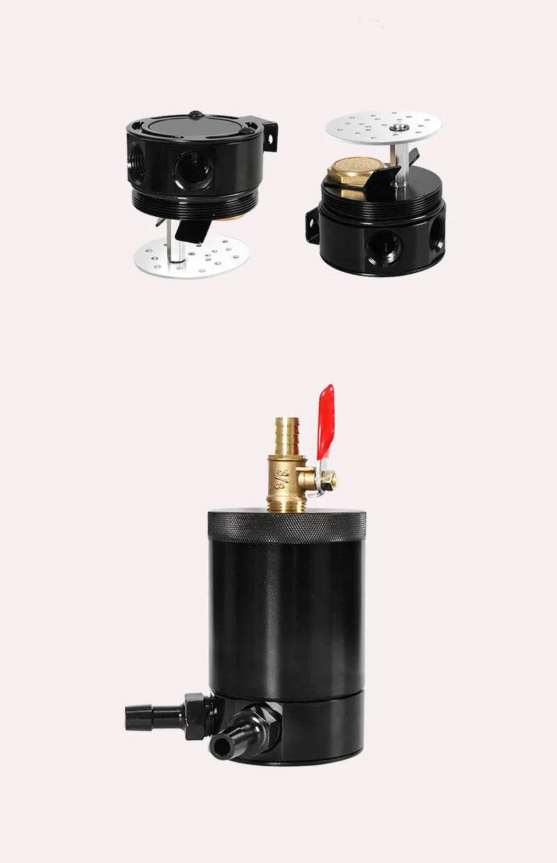 Black and silver aluminium automotive oil pot with two ports and connectors
