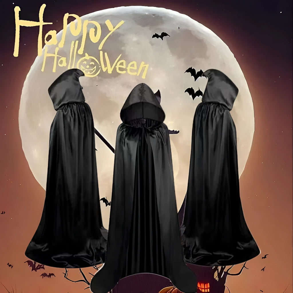 A black satin hooded cloak for children, shown as a Halloween or wizard costume.