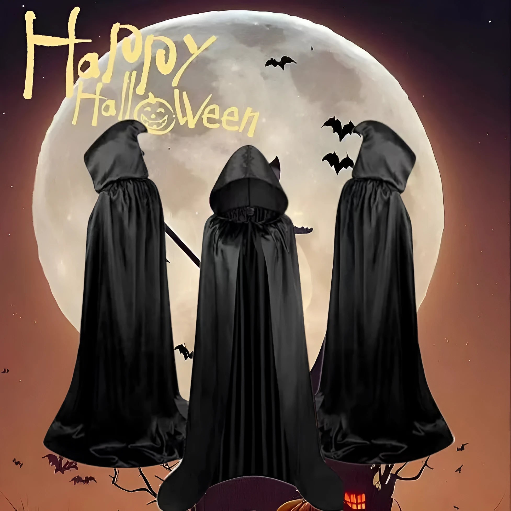 A black satin hooded cloak for children, shown as a Halloween or wizard costume.