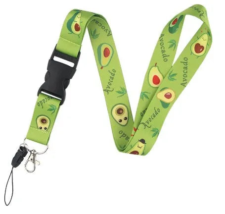 Fruit avocado cartoon print on a double-sided blue polyester lanyard with a silver metal buckle.