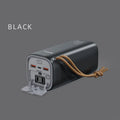 Black portable power bank with solar panel, 70mm width, showing USB ports and power indicator lights